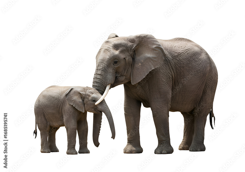 Fototapeta premium African Elephant Family: Mother and Calf on White Background on white background