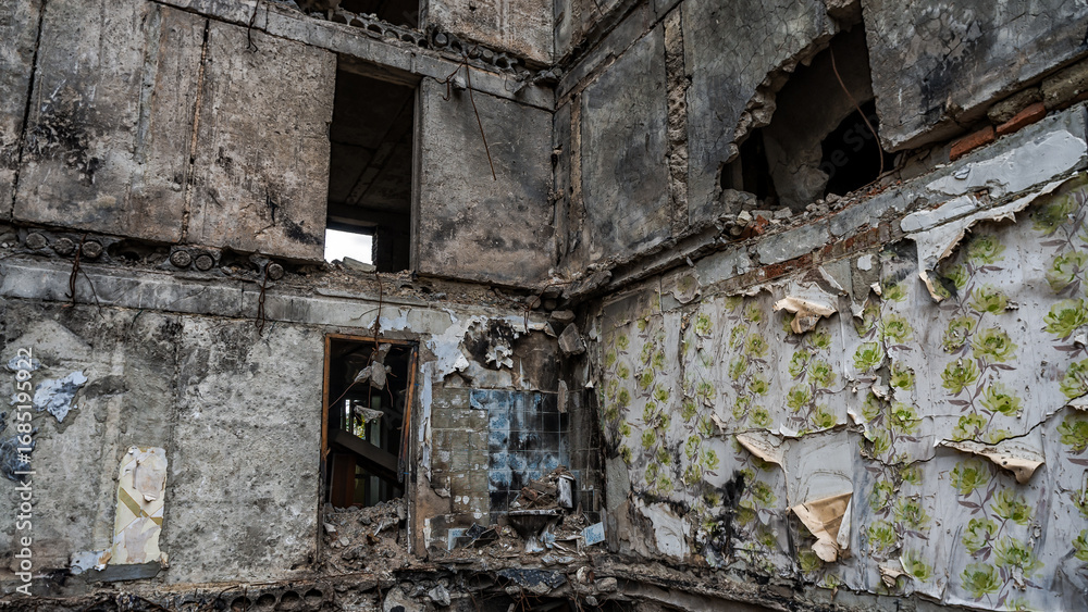Fototapeta premium ruined street and destroyed houses the city Kiev war in Ukraine