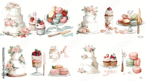 Beautiful watercolor illustration of wedding cakes, macarons, and desserts with floral decorations. Perfect for invitations, bakery branding, and celebration designs.