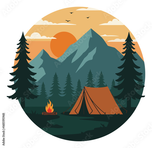 Serene sunset camping scene nestled amidst majestic mountains and towering evergreens.