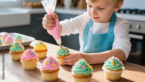 Young Child Decorates Colorful Cupcakes in a Bright Kitchen