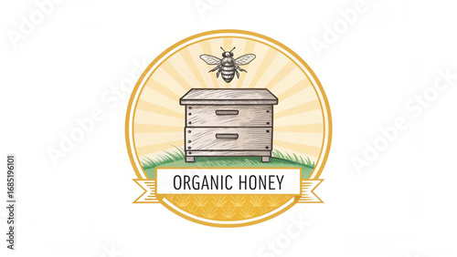 Organic Honey label with bee and beehive apiary