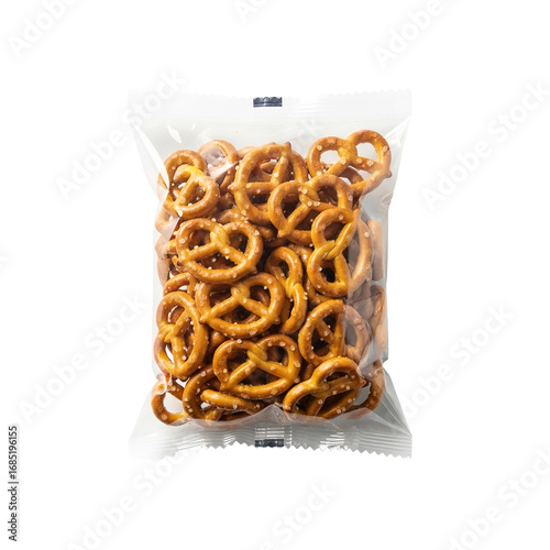 Photo of clear plastic bag filled with salted pretzels, isolated on transparent background
