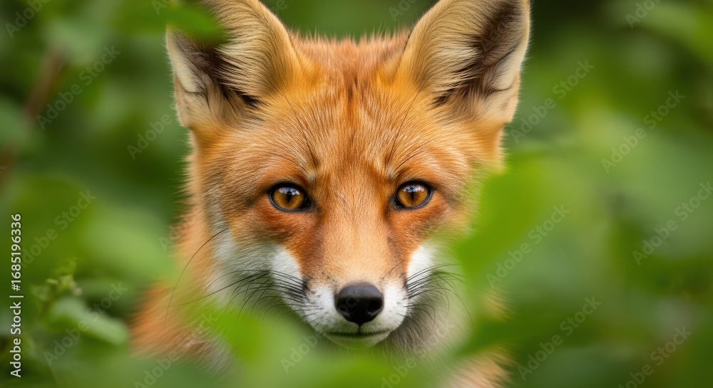 Fototapeta premium Photo of a closeup portrait of a red fox peering through lush green foliage, capturing the beauty and alertness of this wild animal in its natural habitat, showcasing its captivating eyes and fur