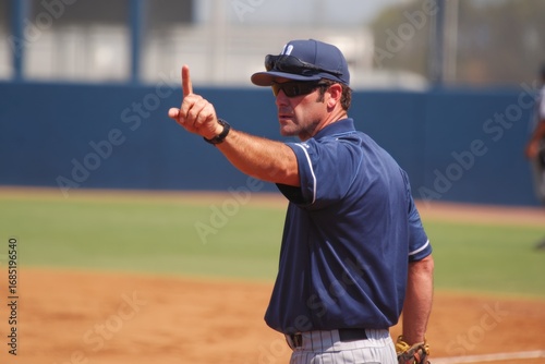 Coach Signal During Baseball Game with Focused Expression