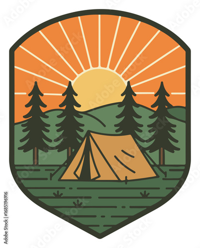 A stylized graphic design of a campsite at sunrise, featuring a tent nestled amongst trees and hills.