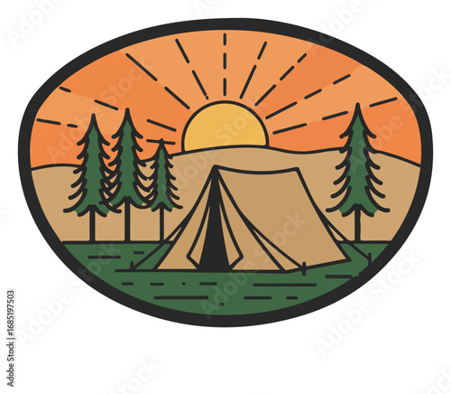 A stylized illustration of a campsite at sunrise, featuring a tent nestled amongst pine trees.