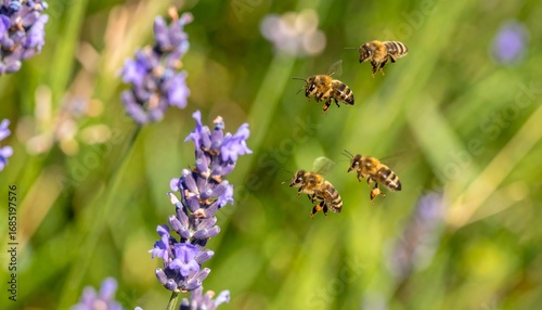 Bees flit among vibrant lavender blooms in a sunlit field