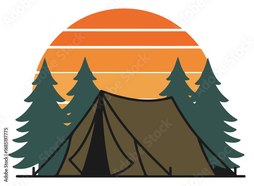 Illustration of a tent nestled between pine trees against a backdrop of a striped sunset.