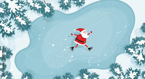 Stick Figure Santa Claus Ice Skating on Frozen Lake – Minimalist Vector Design