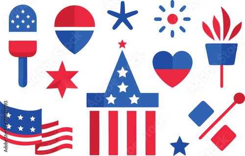 Collection of independence day american flag icons vector graphics for festive celebrations