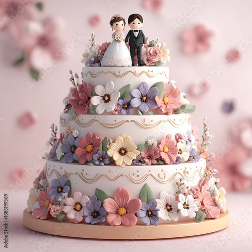 Beautiful tiered wedding cake with bride and groom topper and floral decorations