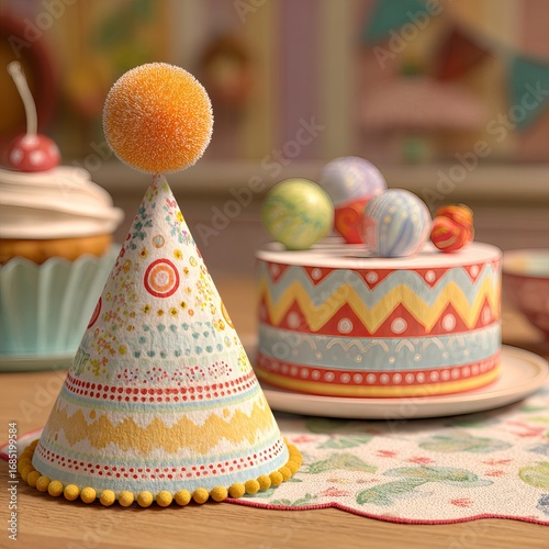 Festive birthday party scene with decorated hat and cake