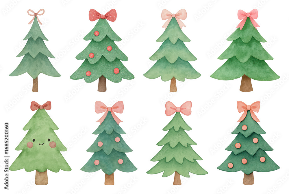 Fototapeta premium PNG Cute watercolor Christmas trees, element set on transparent background