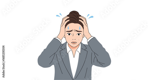 Young woman holding her head in stress showing worry and anxiety
