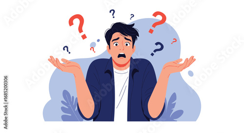 Confused man question marks surrounding his head showing uncertainty and bewilderment