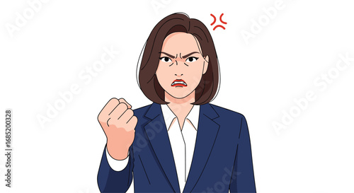 An angry woman in a business suit clenches her fist showing her frustration and anger