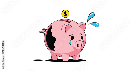 Sad piggy bank crying money falling out showing financial stress and saving difficulties