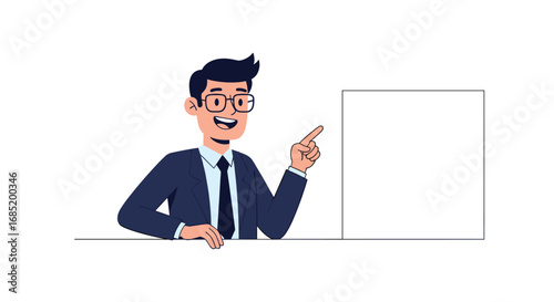 Presenting ideas with enthusiasm a confident businessman points towards whiteboard space for text
