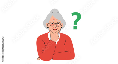 Confused elderly woman with hand on chin thinking about a difficult question