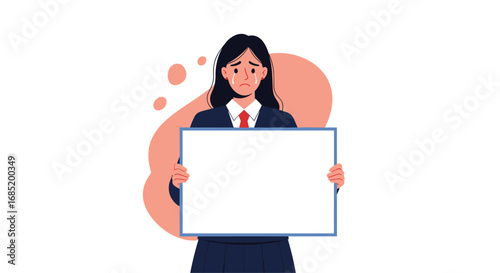 Young sad student holding a blank white board with tears on her face and feeling distressed
