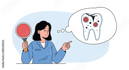 Dentist explaining tooth decay and cavities caused by bacteria affecting dental health