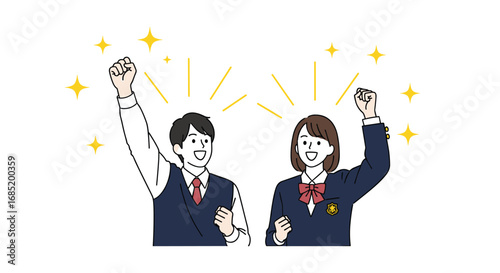Two happy students celebrating success together raising their fists in the air