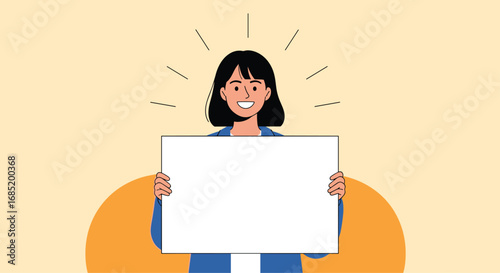 Happy woman holding blank sign presenting information for business meetings presentations and online advertising