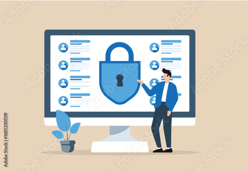 Flat illustration of person monitoring large screen of data streams while preventing data leaks using advanced cybersecurity algorithms	