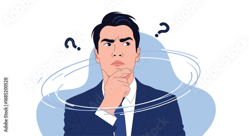 Confused businessman with swirling lines and question marks above his head thinking hard about a complex problem