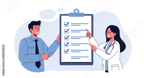 Doctor and patient discussing a medical checklist and healthcare plan together patient care and medical consultation