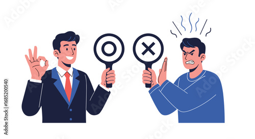 Two men holding signs showing correct and incorrect answers showing disagreement and debate