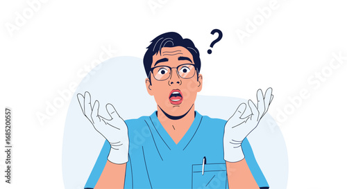Confused doctor wearing gloves shrugs shoulders asking question mark above head