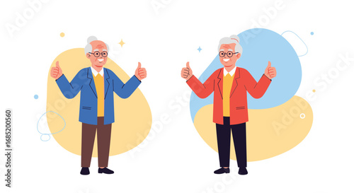 Two happy elderly men giving a thumbs up showing approval and support