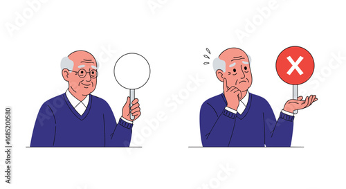 Elderly man showing a white circle then a red cross indicating wrong answer concept