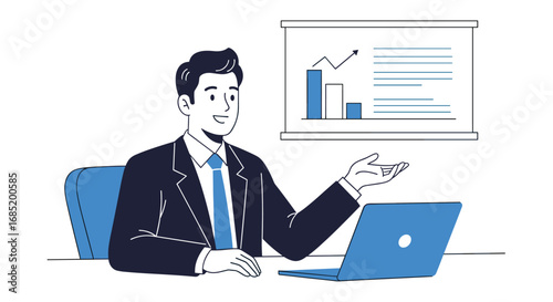 Young businessman explains growth charts and financial data on a whiteboard presentation to colleagues