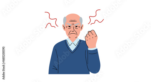 Angry elderly man showing frustration with fist clenched and red wavy lines emitting from his head