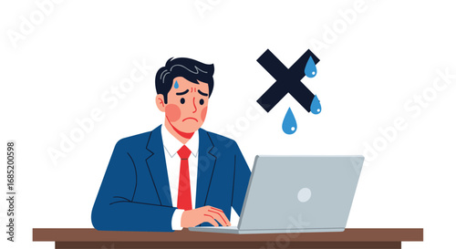 Man in suit feeling stressed and sweaty working on laptop with a cancel symbol and water droplets