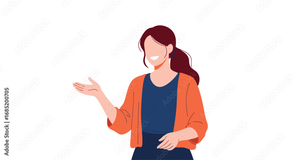 Naklejka premium Engaging young woman explaining something with a friendly smile and open hands