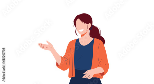 Engaging young woman explaining something with a friendly smile and open hands