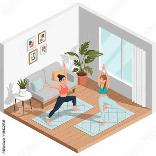 Two women practicing yoga together in a modern, plant-filled living room, depicted in an isometric illustration style.