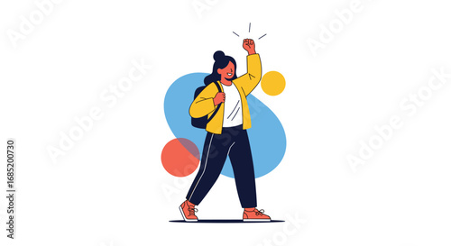 Young person walking with backpack experiencing joyful success and excitement