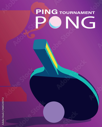 Table tennis tournament winner, illustration flat style, gradient, racket, ball, champion cup. Ping pong poster design, competition racket sport, champion, team game, sports hobby, training