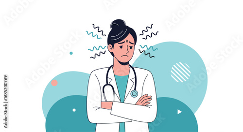 Doctor feeling stressed and overwhelmed with worry lines appearing on her forehead