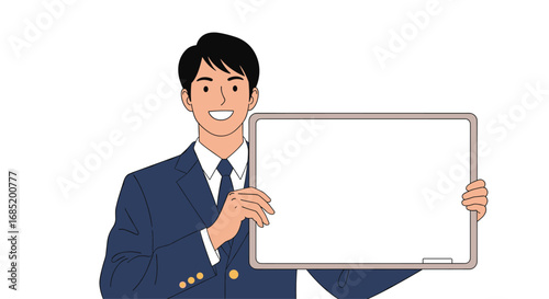 A smiling businessman in a suit holds a blank whiteboard for your important message