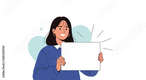 Young woman holds blank signboard with exciting idea showing surprise expression and gesturing to her brain with sparkles bursting out showing creative concept