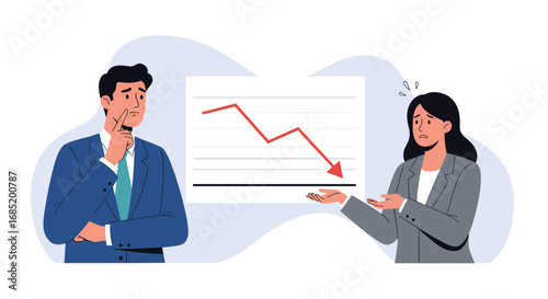 Business people discussing declining sales graph and financial downturn analysis