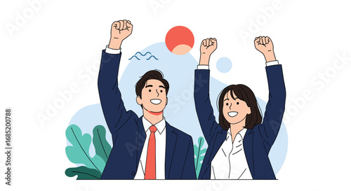 Successful business professionals celebrating achievement with raised fists and jubilant expressions