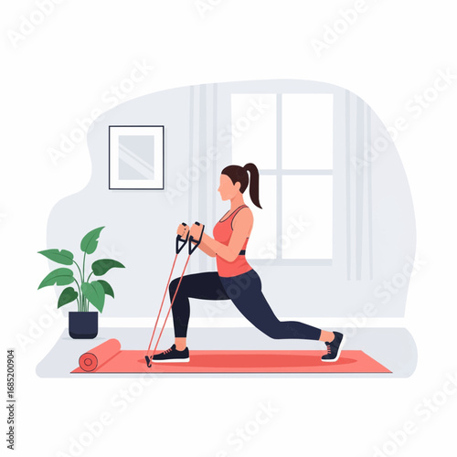 Woman doing resistance band lunges at home.