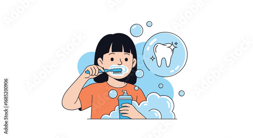 Young girl brushing teeth with toothbrush and toothpaste creating foamy bubbles for oral hygiene